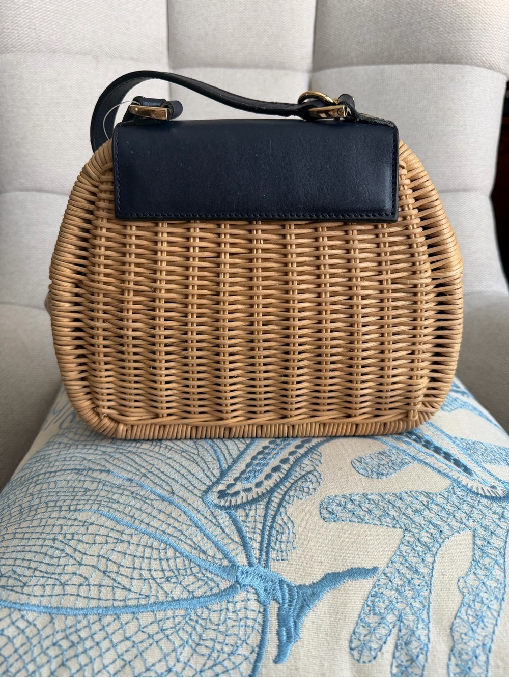 Woven Rattan Crossbody Bag with Blue Leather like Flap - Picture 2 of 8